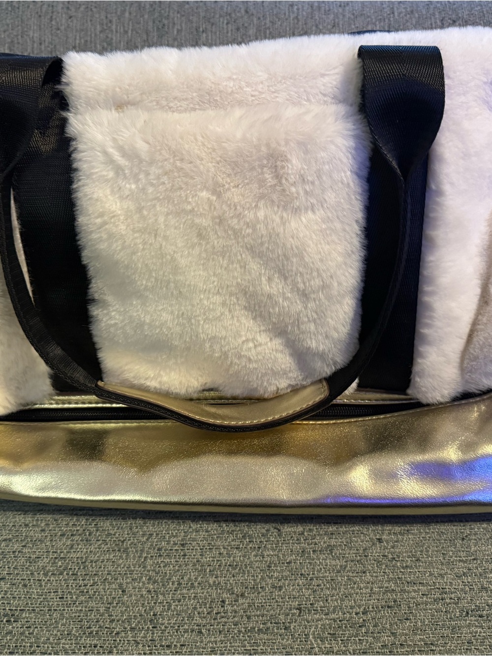 G.I.L.I. White Faux Fur Tote with Gold Accent and Black Straps
